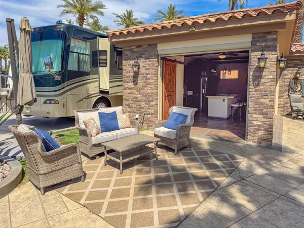 a building outdoor space with patio furniture