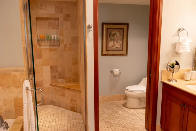 a bathroom with a toilet and a shower