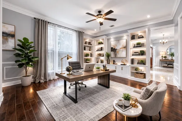 a living room with furniture and wooden floor