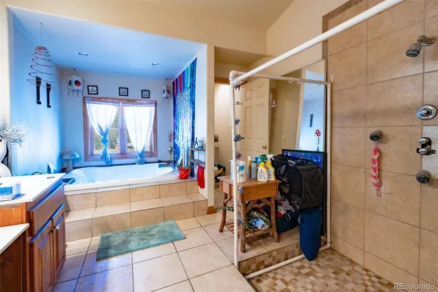 a bathroom with bathtub and a shower