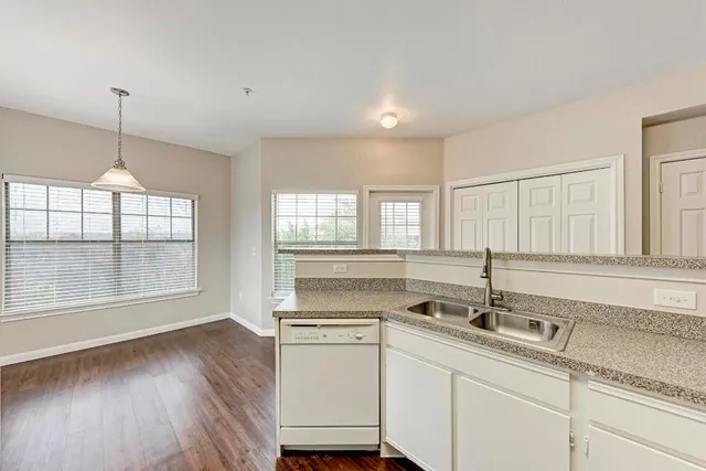a kitchen with stainless steel appliances granite countertop a sink a window and white cabinets
