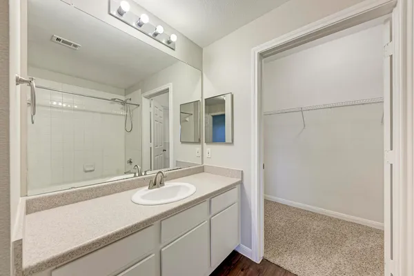a bathroom with a sink double vanity and a mirror