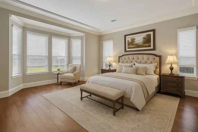 a spacious bedroom with a bed and a couch