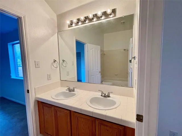 a bathroom with a tub a double vanity sink and a mirror