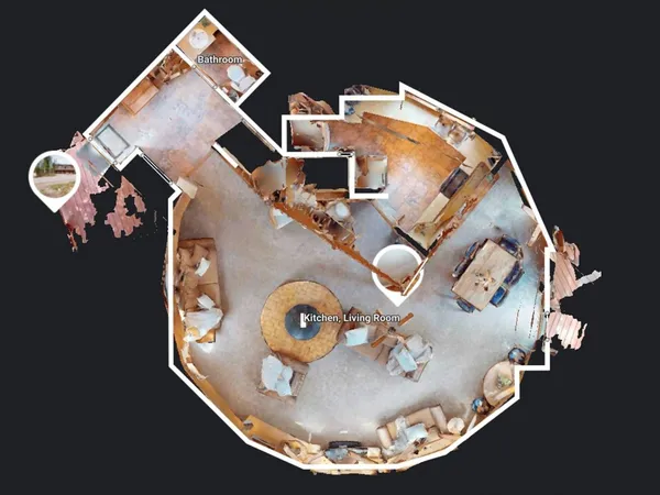 an aerial view of a house with a kitchen and a kitchen