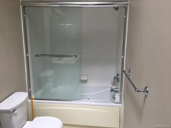a bathroom with a shower and a toilet