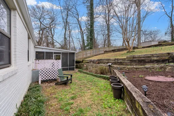 a backyard of a house with table and chairs