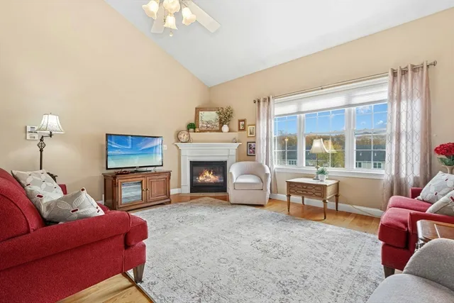a living room with furniture a fireplace and a chandelier