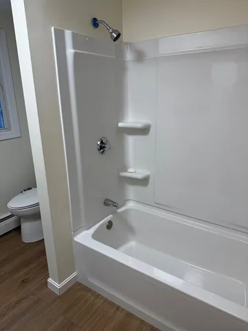 a bathroom with a bathtub and a toilet