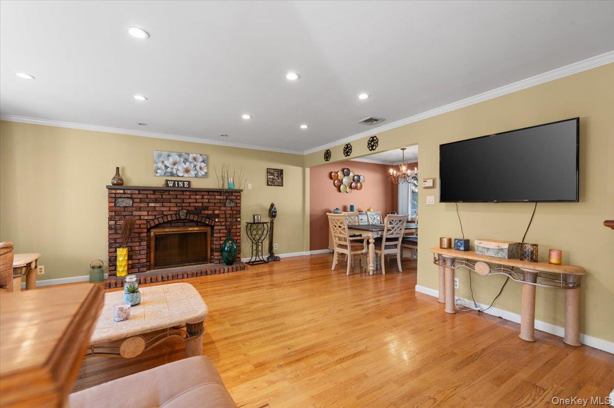 21 Eleanor Road Plainview, NY 11803 - Photo 3 of 39 a living room with furniture a fireplace and a flat screen tv