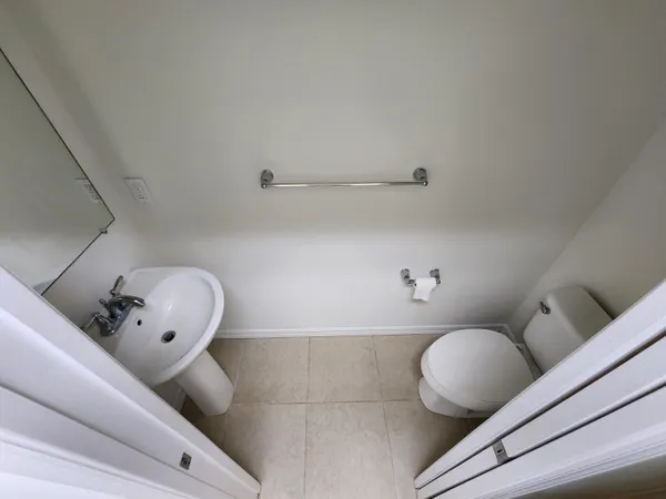 a bathroom with a bathtub and a potted plant