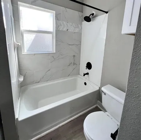 a bathroom with a toilet and a bathtub