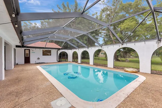 a view of a swimming pool with a garden