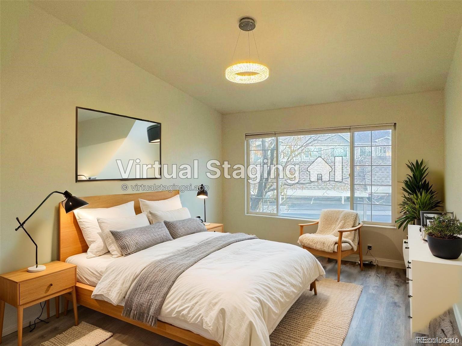 8468 South Thunder Ridge Way, Unit 202 Highlands Ranch, CO 80126 - Photo 12 of 21 a bedroom with a bed and a large window with outer view