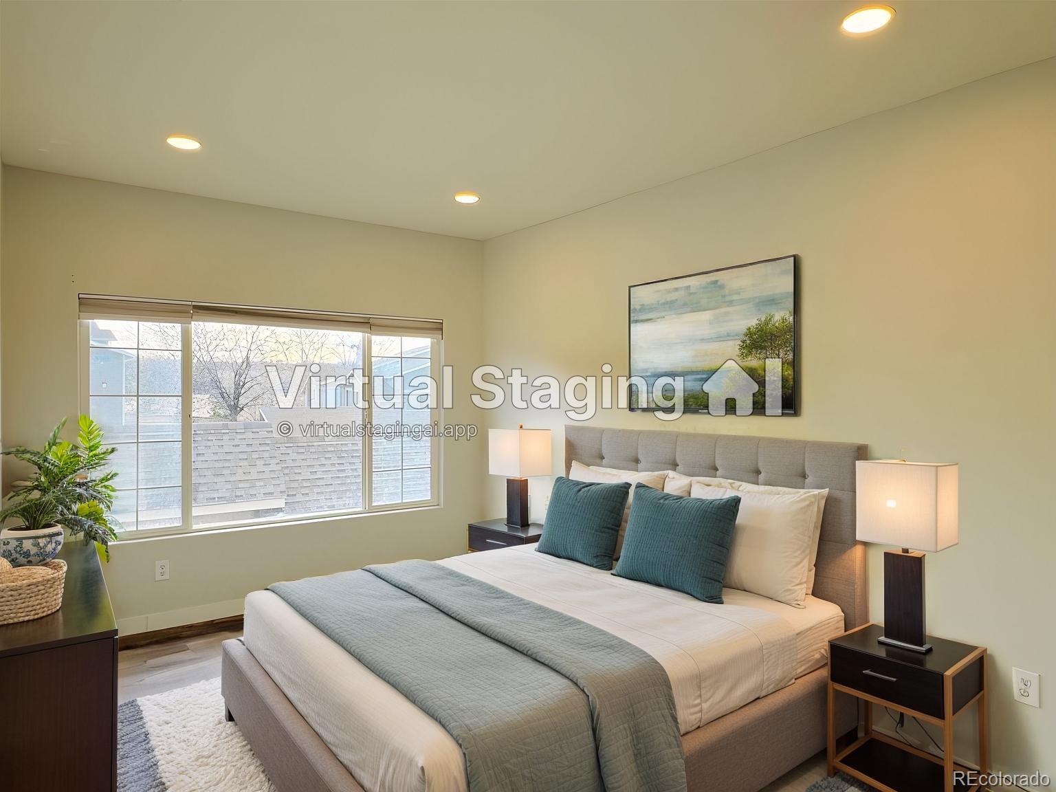 8468 South Thunder Ridge Way, Unit 202 Highlands Ranch, CO 80126 - Photo 14 of 21 a bedroom with a bed and a lamp on table