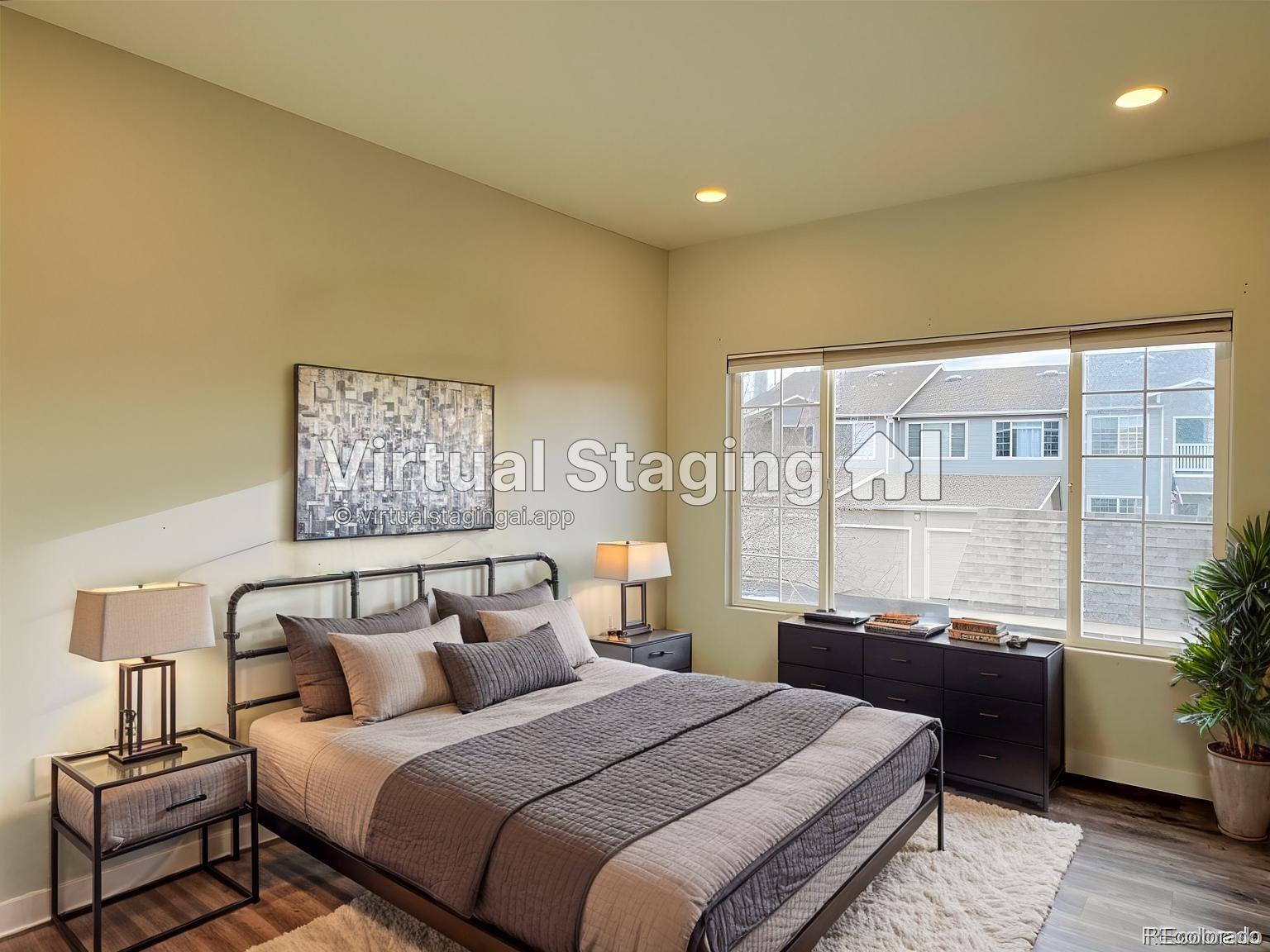 8468 South Thunder Ridge Way, Unit 202 Highlands Ranch, CO 80126 - Photo 16 of 21 a bedroom with a bed and a large window