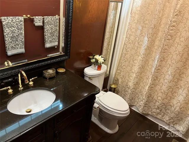 a bathroom with a sink a toilet a mirror and shower curtain