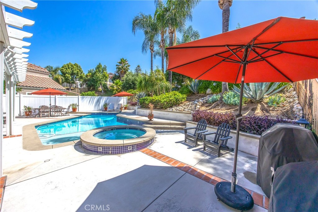 7751 Jack Rabbit Lane Highland, CA 92346 - Photo 39 of 50 a patio with a table and chairs under an umbrella