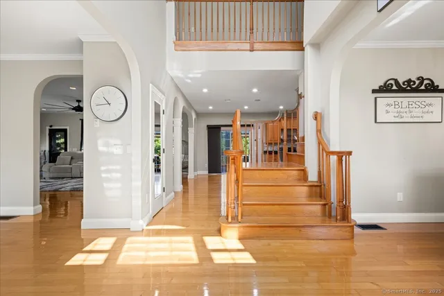 a view of a hallway with dining area