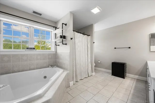 a bathroom with a bathtub and a shower