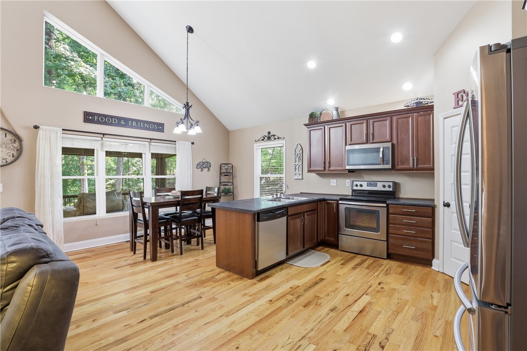 1110 Sunset Lane Anderson, SC 29626 - Photo 7 of 38 An open-concept living area boasts a soaring vaulted ceiling and sun-filled windows overlooking a lush landscape.