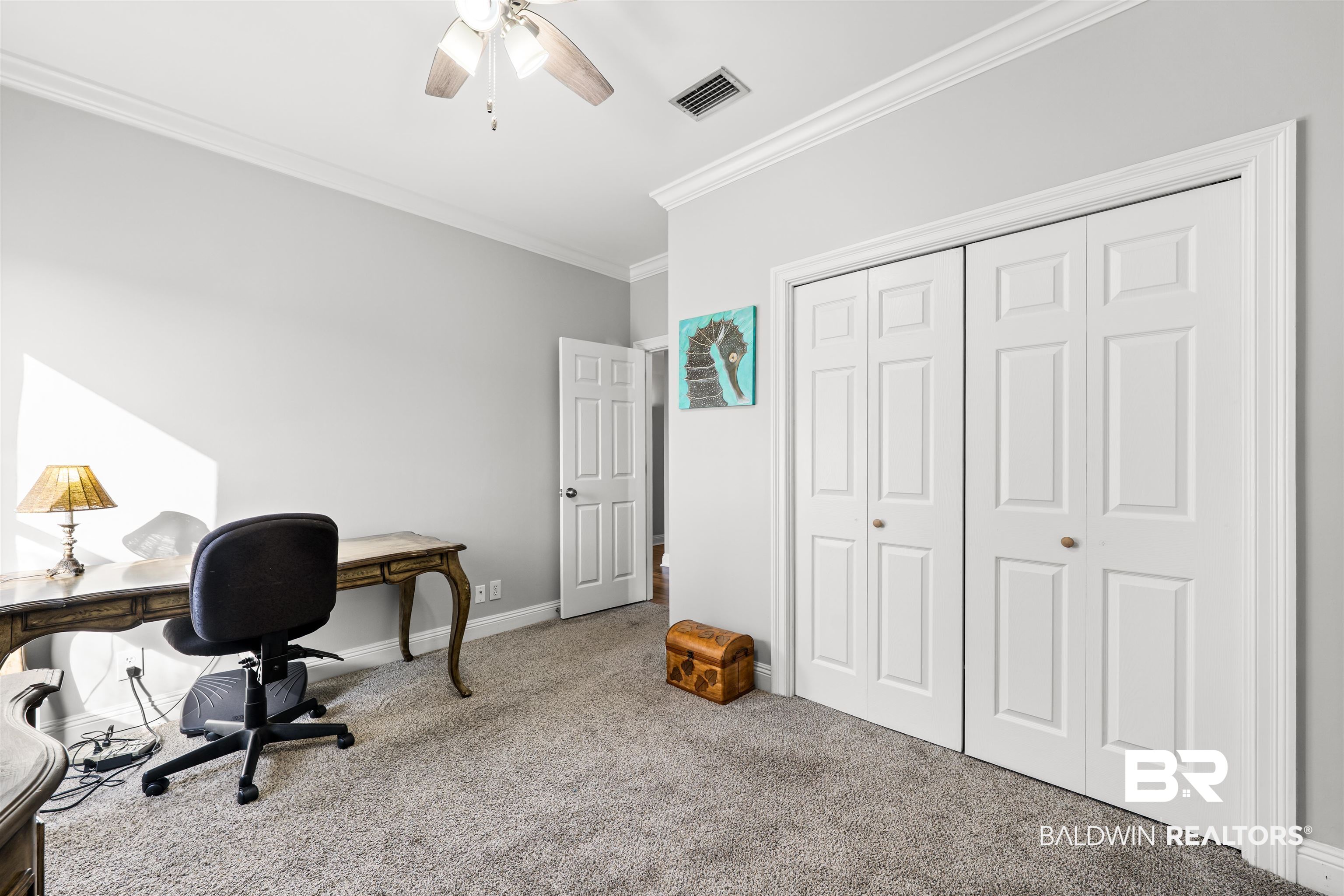 19079 Baldwin County Road 10 Foley, AL 36535 - Photo 13 of 37 Office with ornamental molding, carpet, and ceiling fan