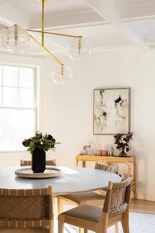 a view of a dining room with furniture and a potted plant