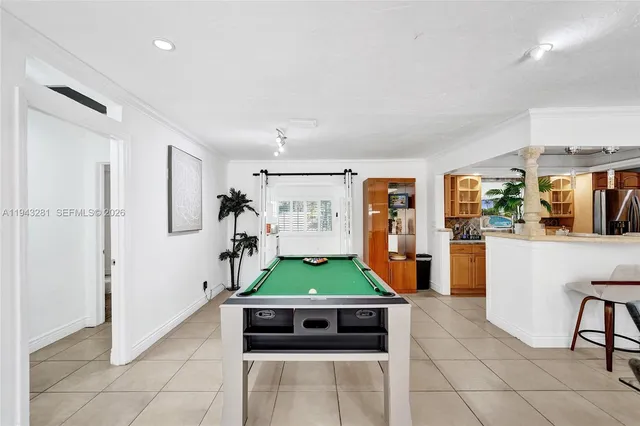 a view of a dining room with furniture