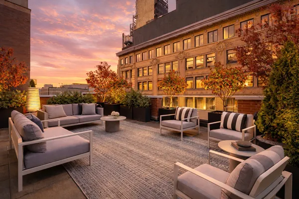 a roof deck with couches and potted plants