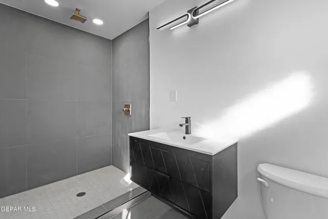 a bathroom with a sink a toilet and shower