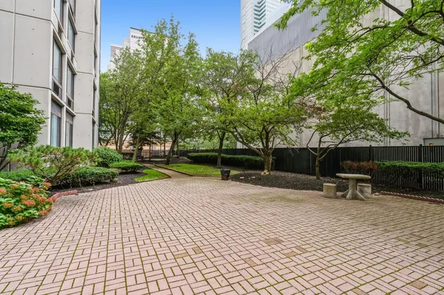 a view of backyard with table and chairs and potted plants