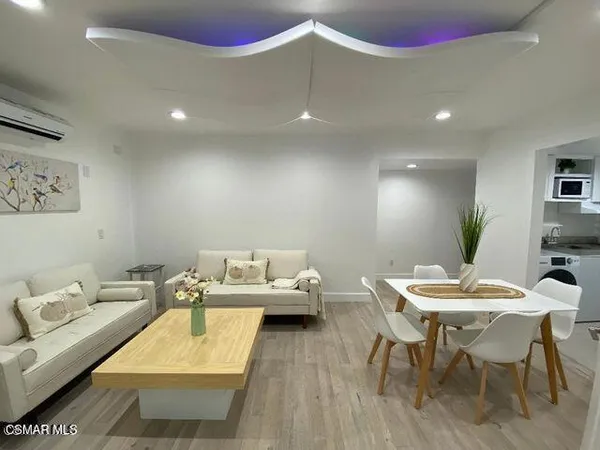 a living room with furniture a wooden floor and a potted plant