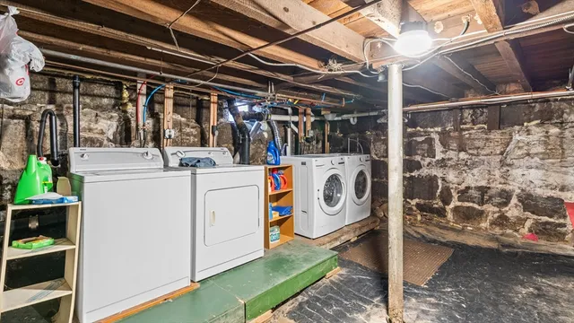 a view of a garage with wooden door
