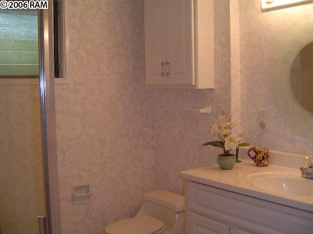 811 South Kihei Road, Unit 1F Kihei, HI 96753 - Photo 17 of 19 a bathroom with a toilet a sink and mirror