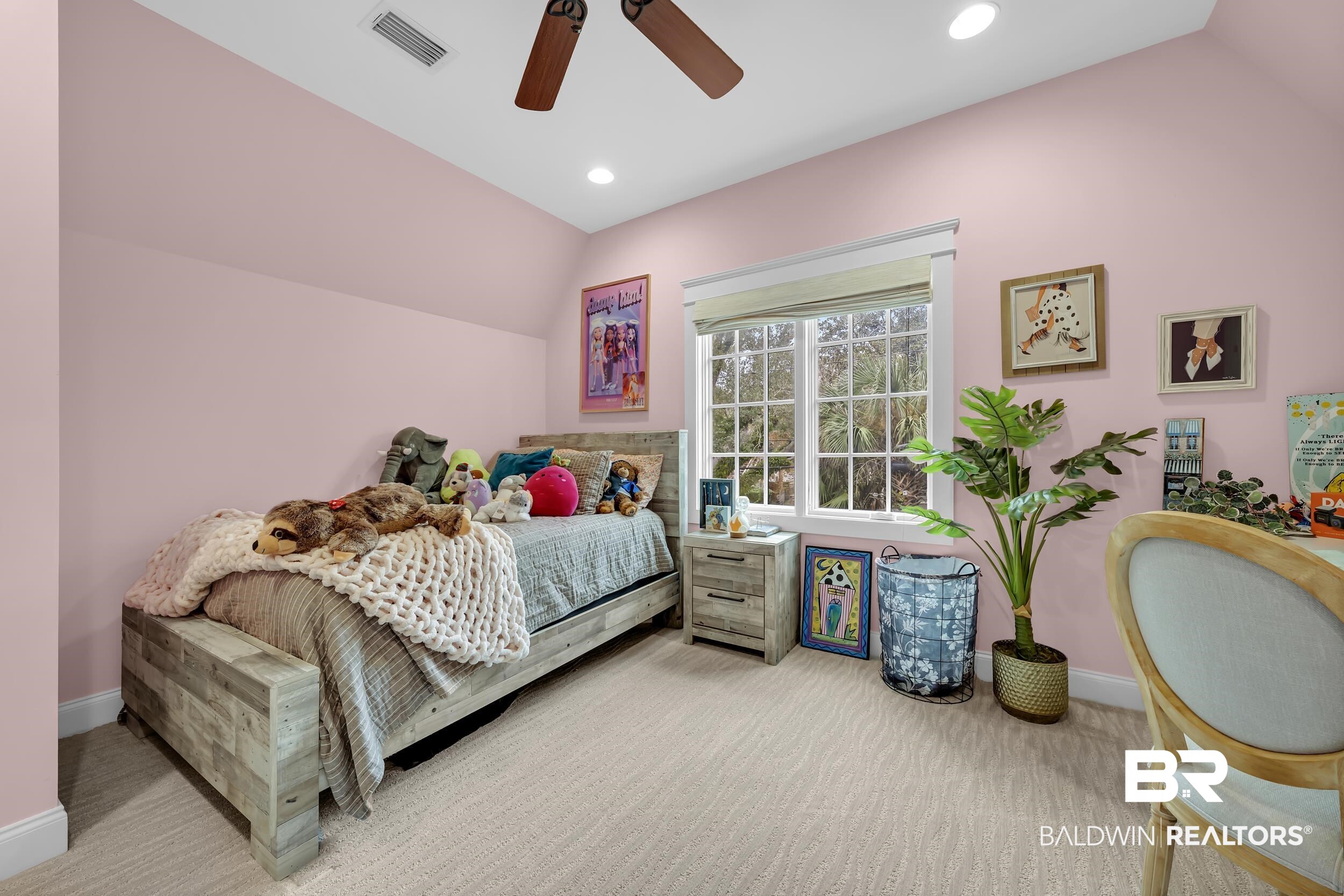 7 Bienville Avenue Mobile, AL 36606 - Photo 30 of 32 Bedroom with lofted ceiling, light carpet, ceiling fan, and recessed lighting
