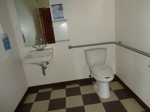a bathroom with a black white checkered floor and a toilet