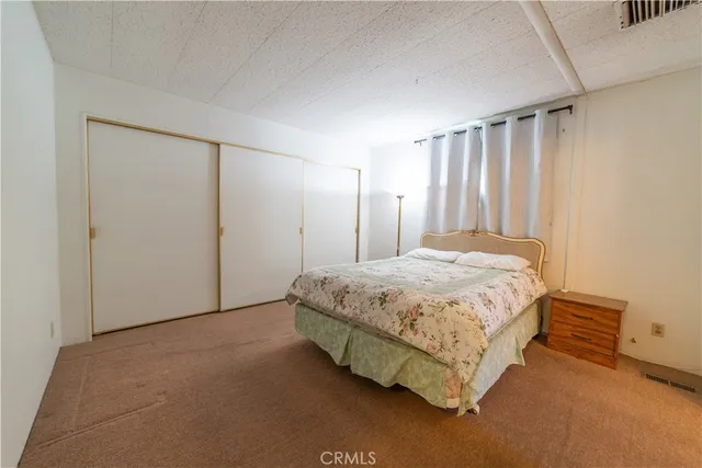 a spacious bedroom with a bed and a cabinets