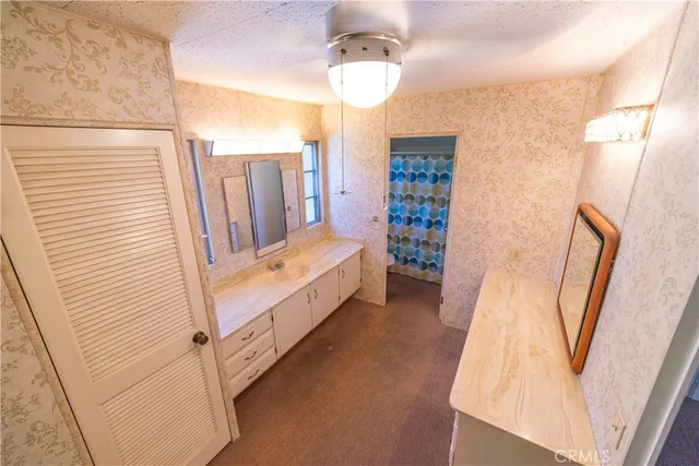 a bathroom with a sink a mirror and shower