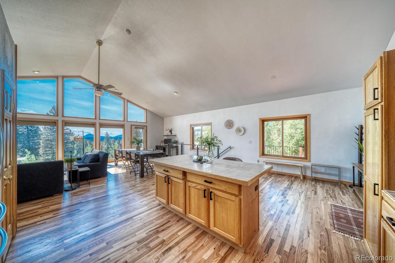 50 Ridge Lane Bailey, CO 80421 - Photo 7 of 37 a living room with stainless steel appliances granite countertop wooden floors couches and large windows