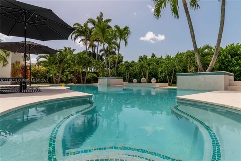 a view of a swimming pool with a garden