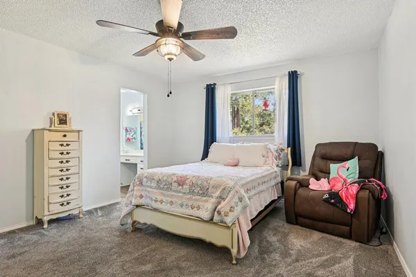 a bedroom with a bed a couch and a walk in closet