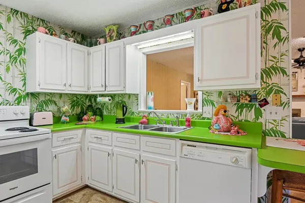 a kitchen with yellow cabinets and potted plant