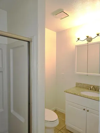 a bathroom with a granite countertop sink toilet and shower
