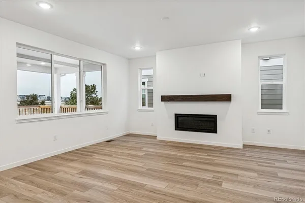 a view of empty room with wooden floor and fireplace