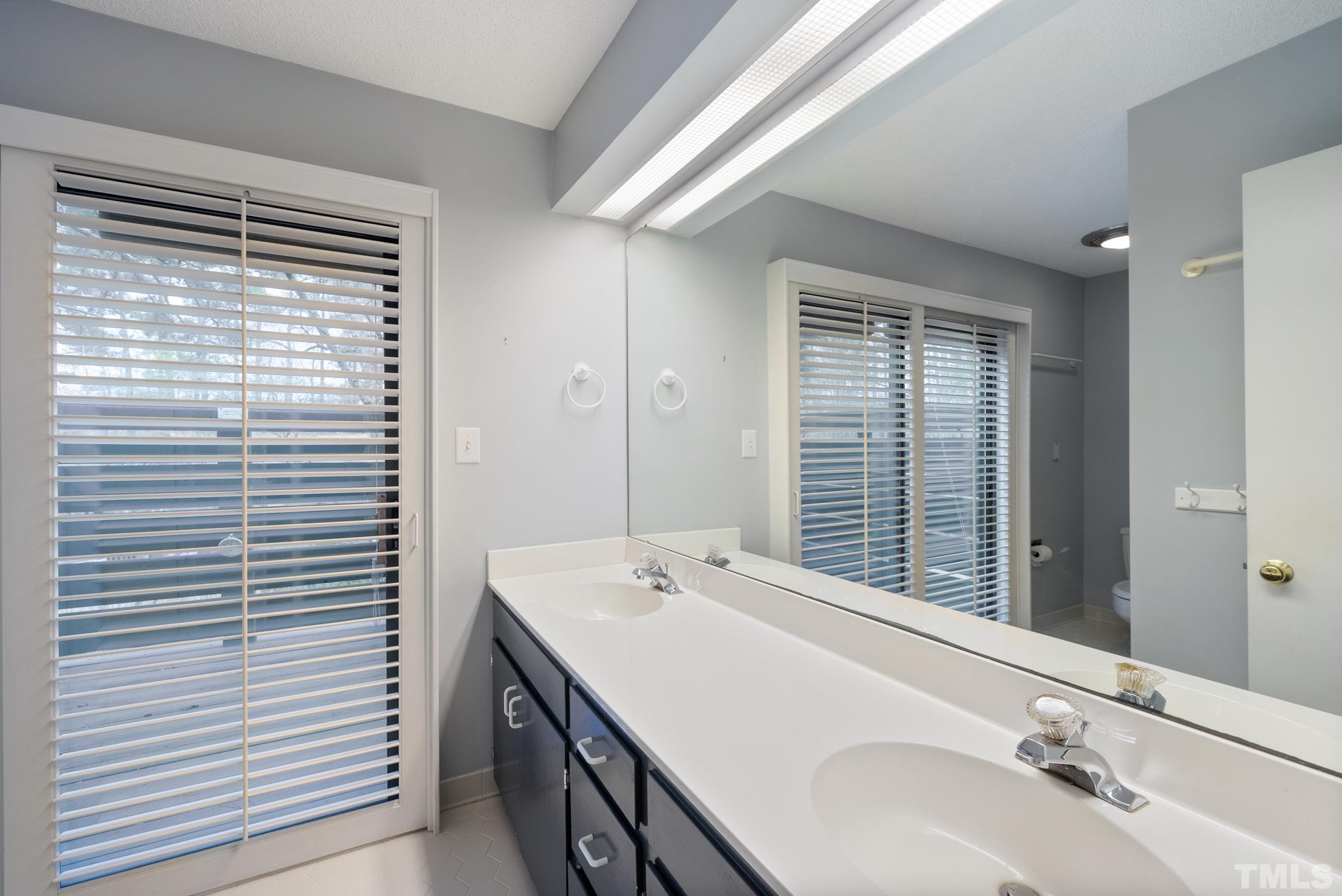 2742 Rue Sans Famille Raleigh, NC 27607 - Photo 13 of 21 a bathroom with a double vanity sink and a large mirror