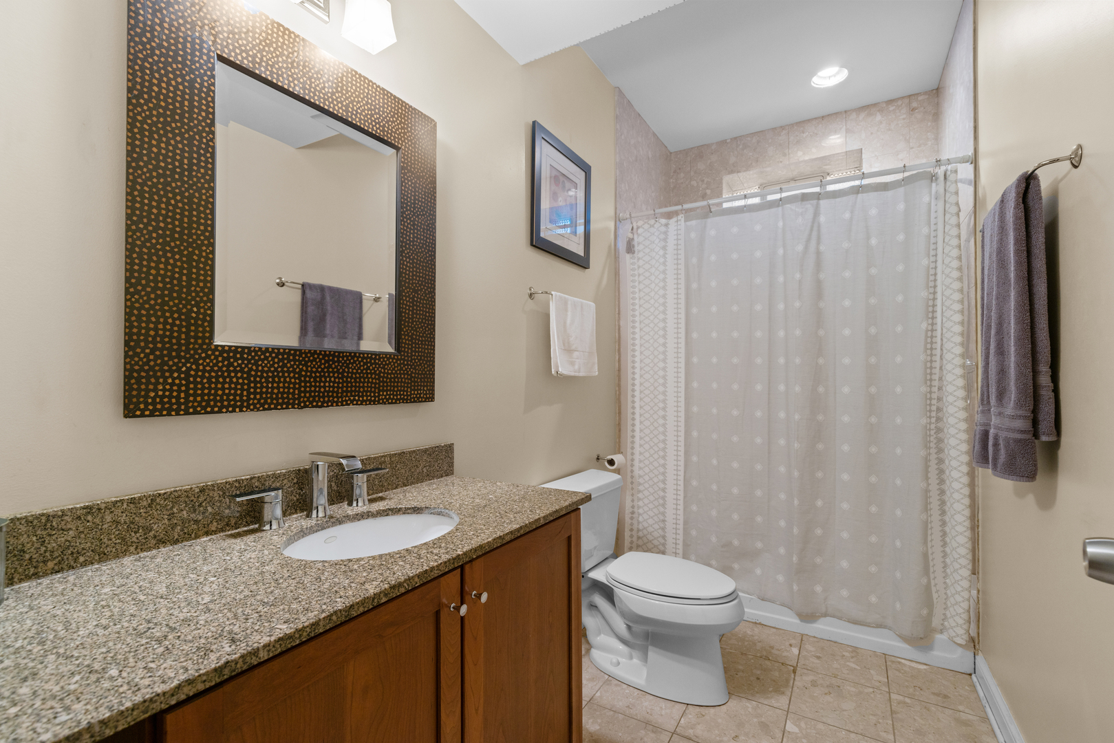 6972 West Imlay Street Chicago, IL 60631 - Photo 37 of 42 a bathroom with a granite countertop sink toilet and shower