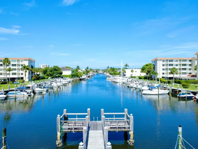 a view of a lake with boats and trees in the background