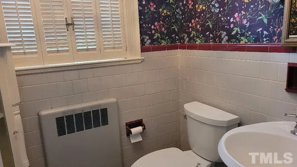 a view of a yard with plants and large trees