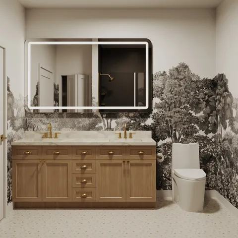 a bathroom with a granite countertop sink and a toilet