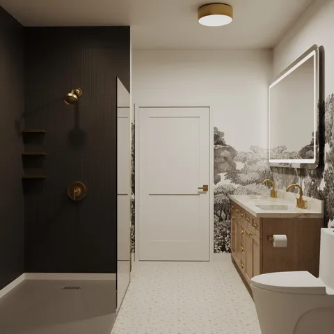 a view of kitchen with shower and sink